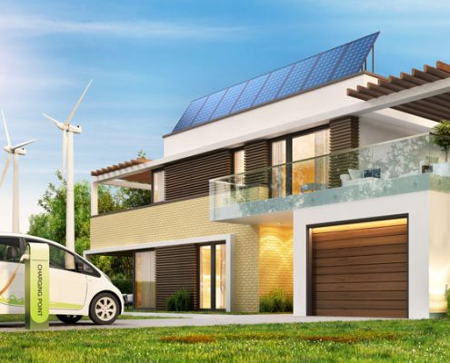 Sustainable and energy efficient home improvements. House with solor panel on roof, elctic car charging station and windmills