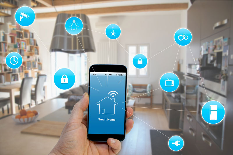 Smart home technology. Smart phone at ready to controll numerous smart technologes in hte home.