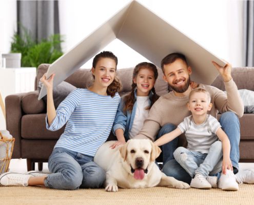 Pet-friendly home design for lovers of furry friends. Family sitting on loungue floor with a cardboard cut out of a house and dog laying in front of them.